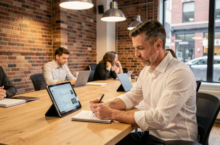 Homme consultant des offres d'emploi en ligne dans un espace de coworking urbain
