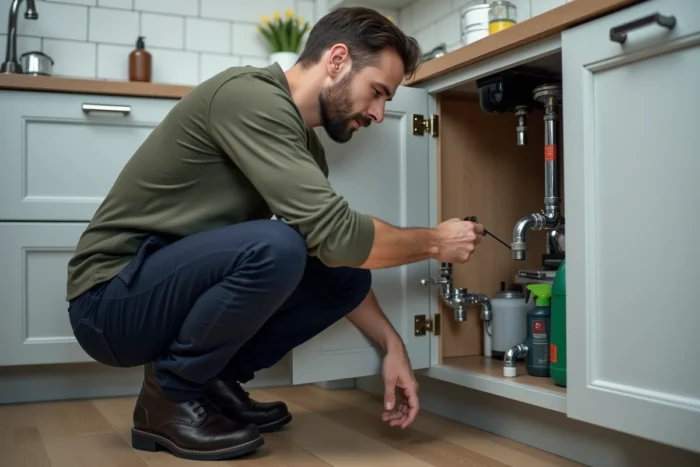 Homme réparant la plomberie sous un évier de cuisine, conseil bricolage entretien maison