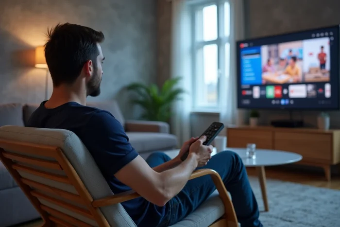 Homme regardant du contenu sur la plateforme Dibrav via un téléviseur connecté dans un appartement urbain contemporain