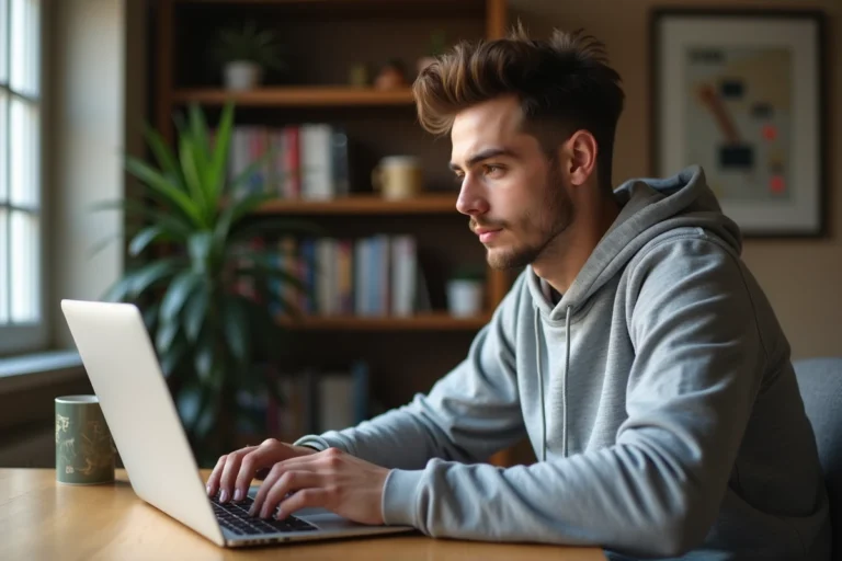Jeune homme passant son BSR en ligne sur un ordinateur portable à son bureau à domicile