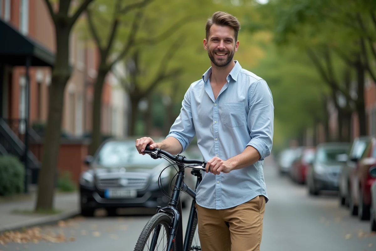 Jeune homme arrangeant une bicyclette dans la rue urbaine
