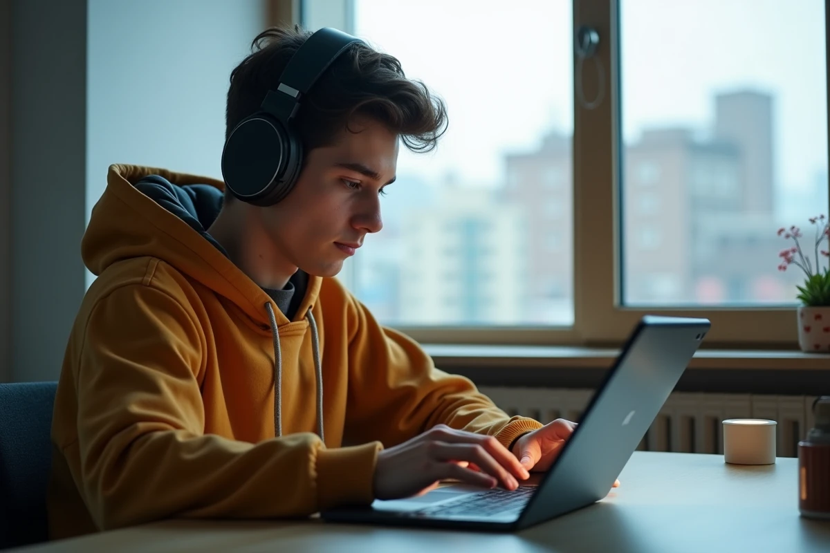 Jeune homme regardant un tablet en streaming dans un appartement