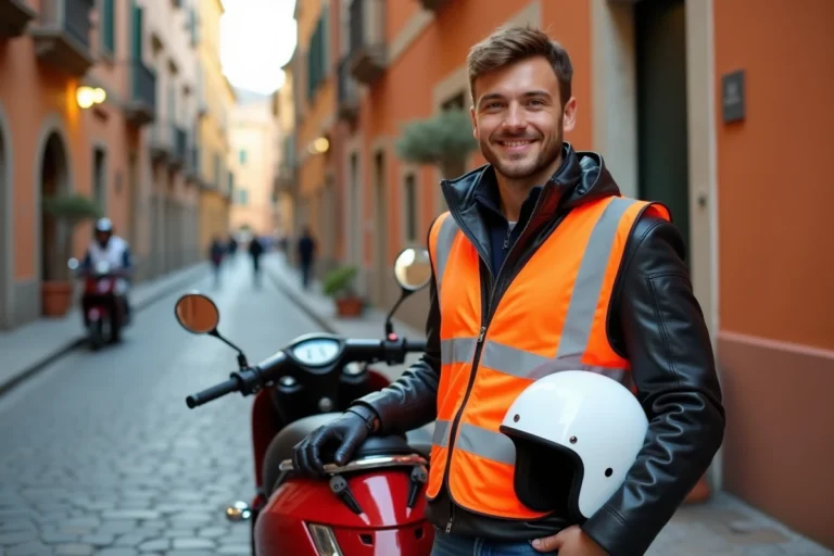 Jeune homme en veste de moto avec casque sous le bras à côté d'une 125cc rouge dans une rue italienne pavée