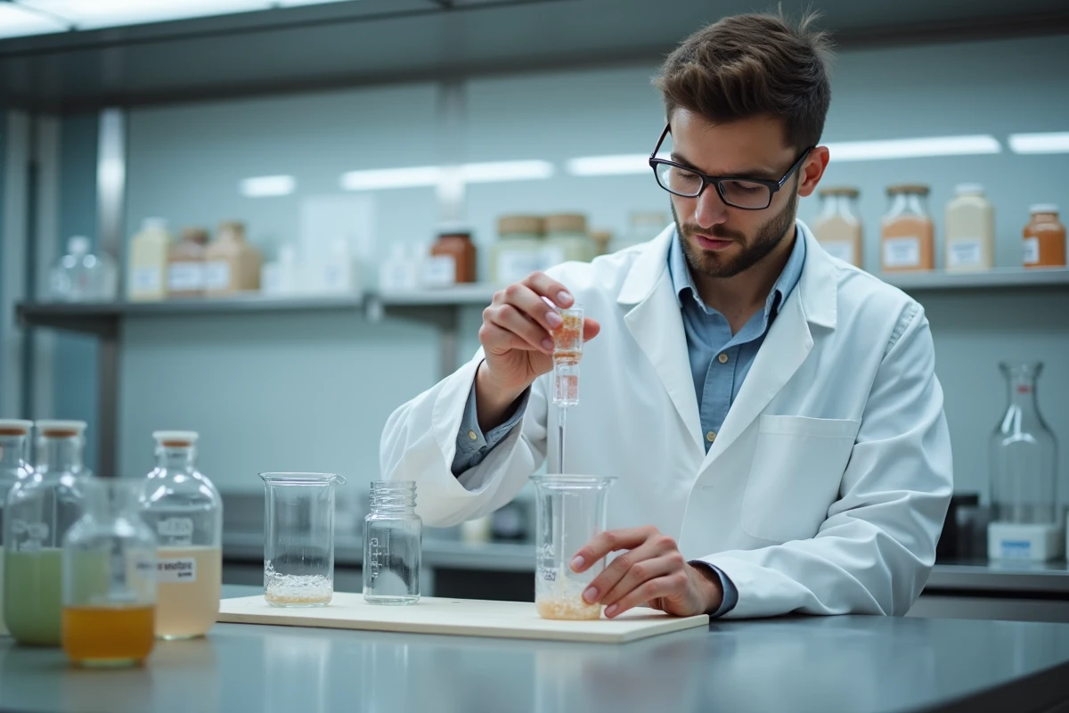 Jeune scientifique versant un liquide dans un bécher en laboratoire