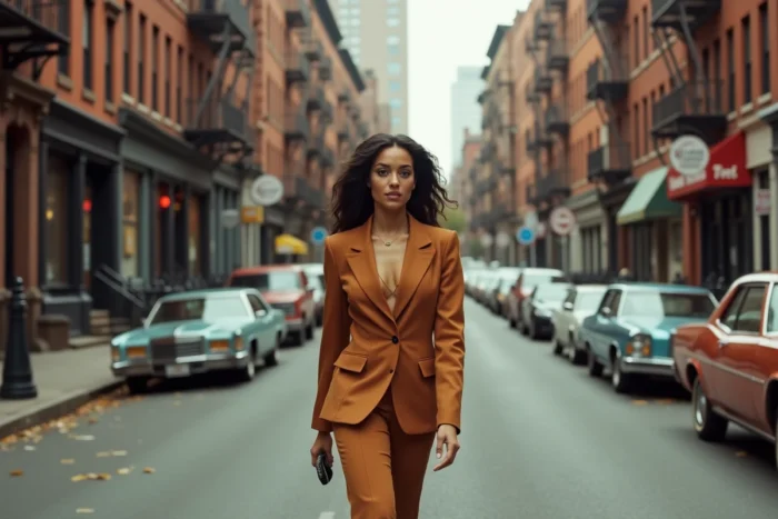 Femme latina élégante marchant dans un quartier de Harlem dans les années 1970, évoquant l'époque de Julianna Farrait et Frank Lucas