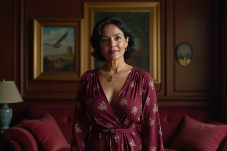 Portrait d'une femme latino élégante des années 1970 dans un salon luxueux, illustrant l'histoire de Julianna Farrait