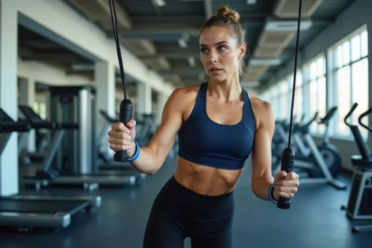 Femme effectuant des exercices abdominaux sur une machine de câble dans une salle Basic Fit pour perdre du ventre