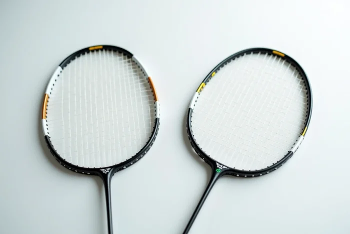 Comparaison macro de deux raquettes Yonex côte à côte révélant les différences entre produit authentique et contrefaçon