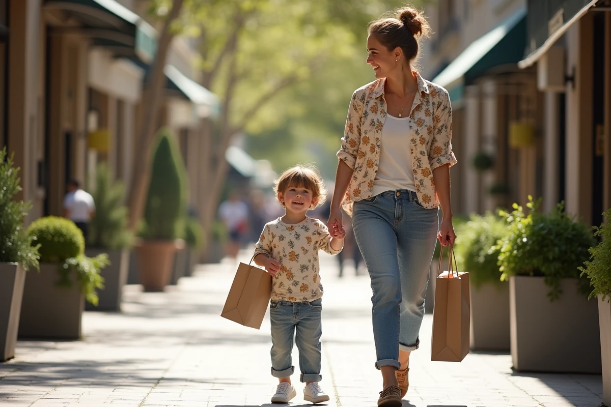 Maman et enfant se promenant dans une rue urbaine ensoleillee