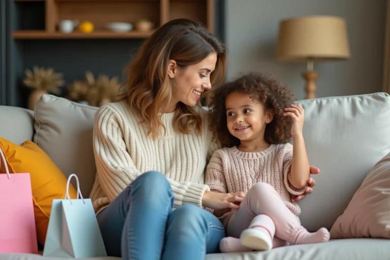 Maman et fille en tenues mode printemps sur canapé
