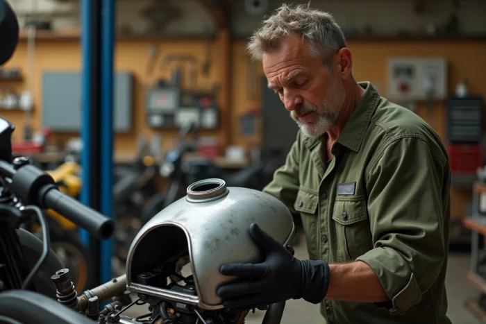 Mécanicien tenant un réservoir de moto démonté montrant la capacité gravée dans un atelier mécanique