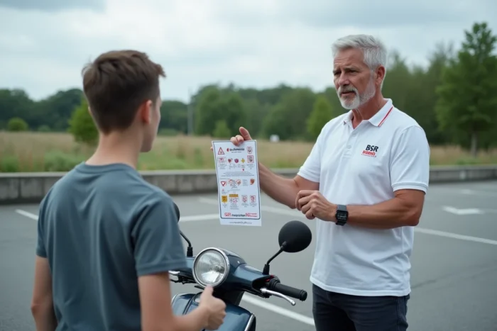 Moniteur d'auto-école expliquant les règles du BSR à un élève sur un terrain d'entraînement avec un scooter
