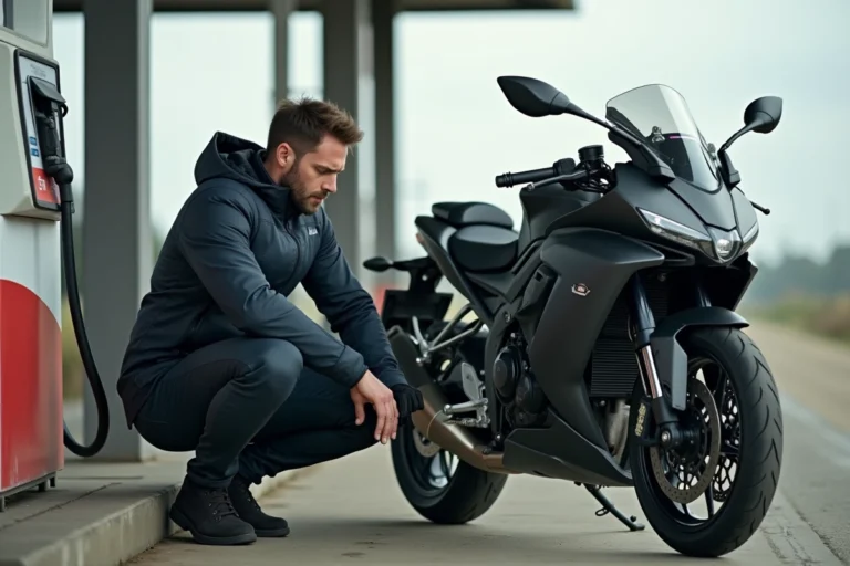 Motard vérifiant la contenance du réservoir de sa moto sport-touring dans une station-service rurale