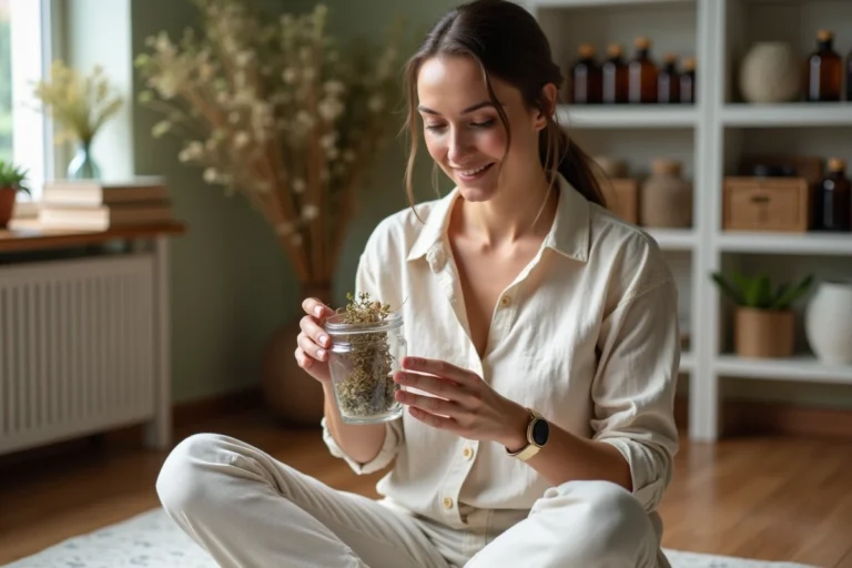 Femme naturopathe examinant des plantes médicinales séchées dans un cabinet de consultation en France