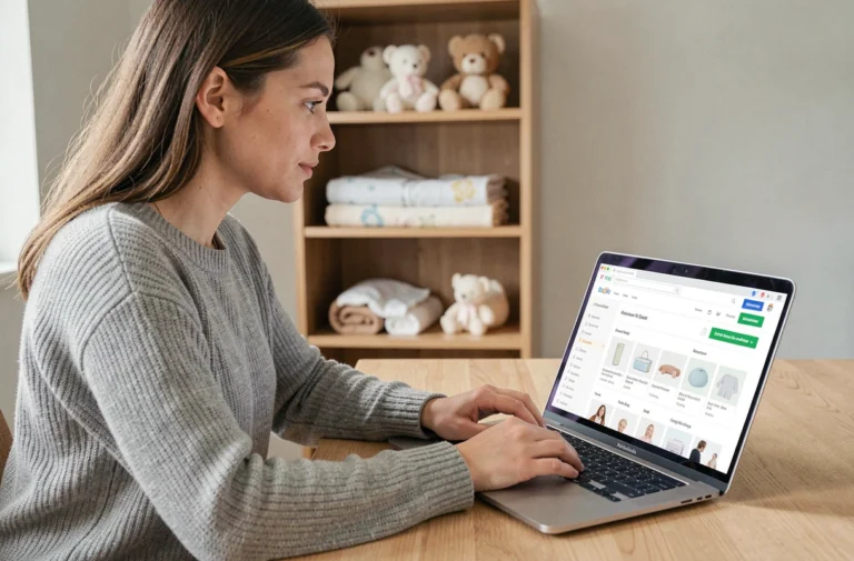 Jeune maman naviguant sur un site de puériculture via le plan du site sur son ordinateur portable à la maison