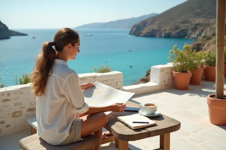 Voyageuse indépendante planifiant son itinéraire à Zante sur une terrasse avec vue sur la mer Ionienne