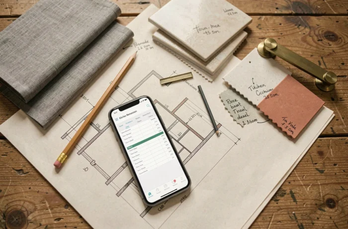 Vue aérienne de plans de cuisine et échantillons de matériaux avec budget de rénovation sur table en bois