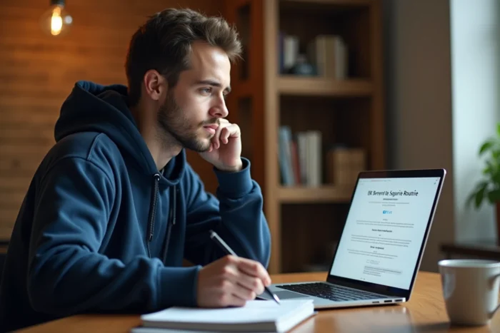 Jeune homme préparant le BSR en ligne sur un ordinateur portable à son bureau à domicile