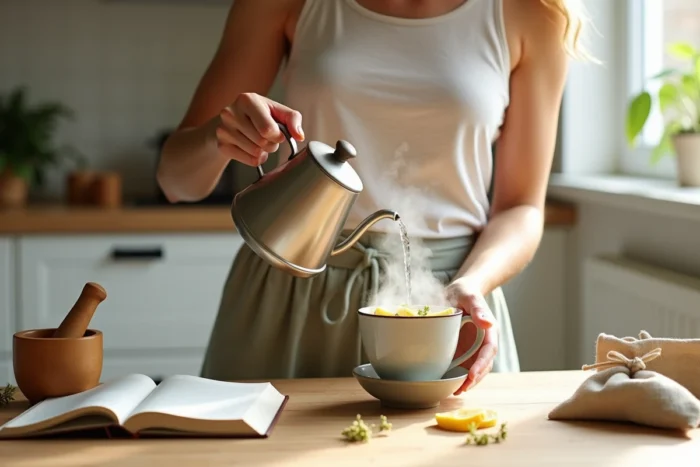 Femme préparant une infusion de plantes médicinales dans une cuisine moderne pour une routine bien-être naturopathique
