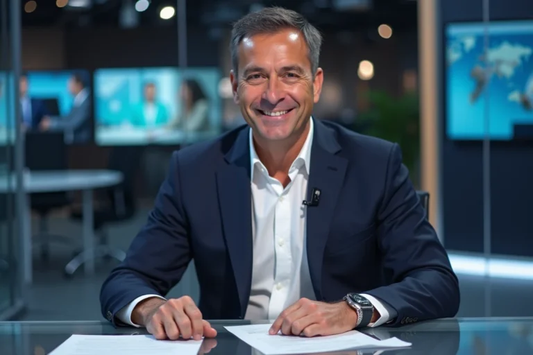 Présentateur TV homme en costume dans un studio moderne