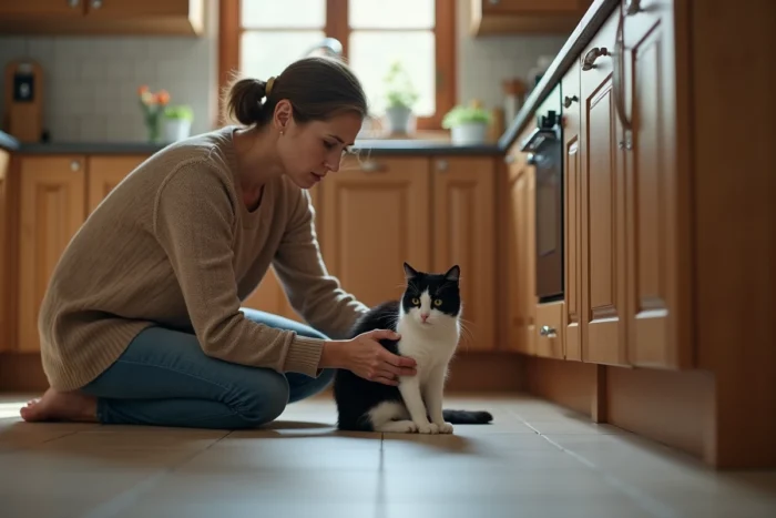 Femme inquiète examinant le ventre gonflé de son chat noir et blanc dans une cuisine