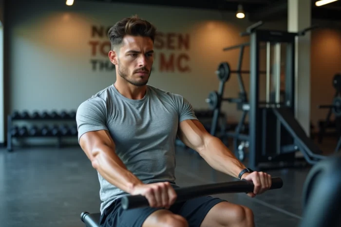 Homme utilisant un rameur dans une salle de sport moderne pour brûler les graisses abdominales et perdre du ventre