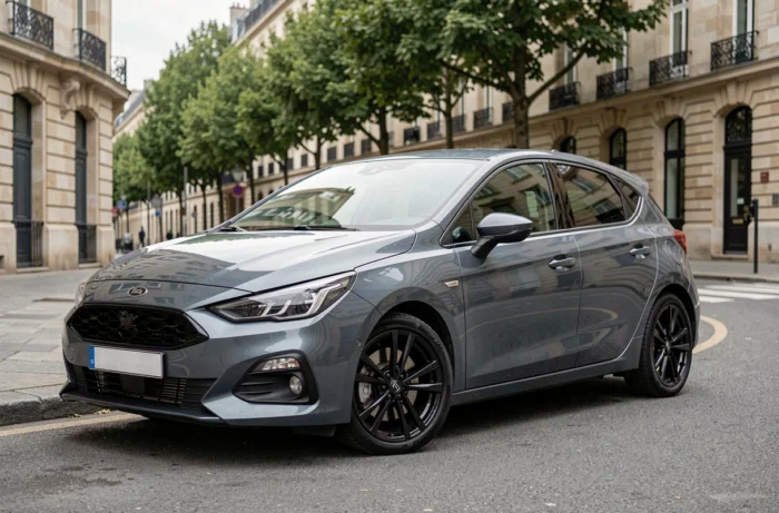 Renault Clio 5 en couleur gris Rafale garée dans une rue urbaine européenne, vue de trois quarts avant