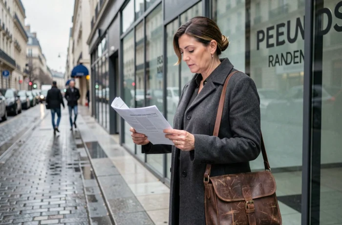 Femme responsable éditoriale devant la façade d'une maison de presse parisienne consultant un document imprimé dans la rue