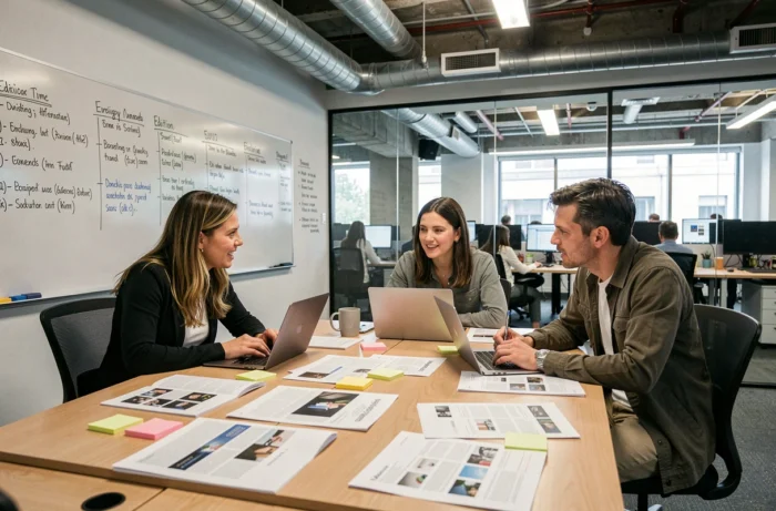 Équipe éditoriale en réunion autour d'une table de travail dans une salle de rédaction indépendante avec maquettes et ordinateurs