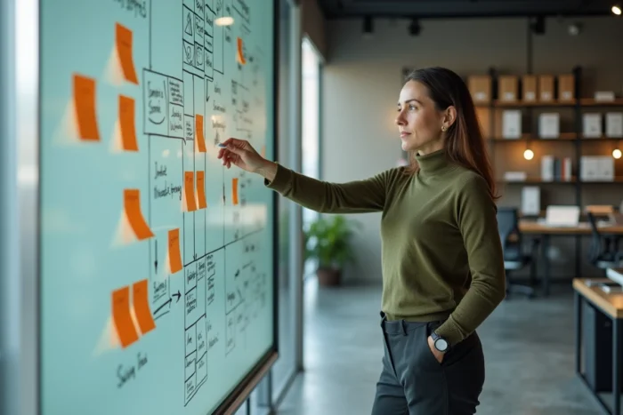 Femme entrepreneuse présentant une stratégie commerciale sur tableau blanc dans un bureau moderne
