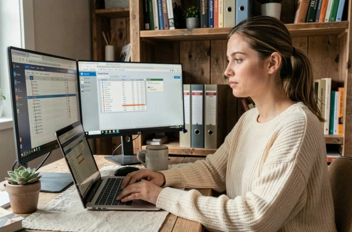 Jeune femme en télétravail avec un double écran pour optimiser sa productivité bureautique depuis son domicile