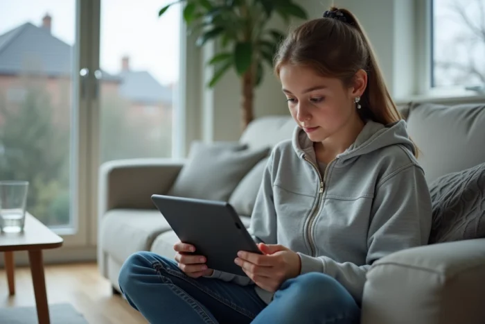 Adolescente passant le test théorique du BSR sur une tablette dans un salon moderne