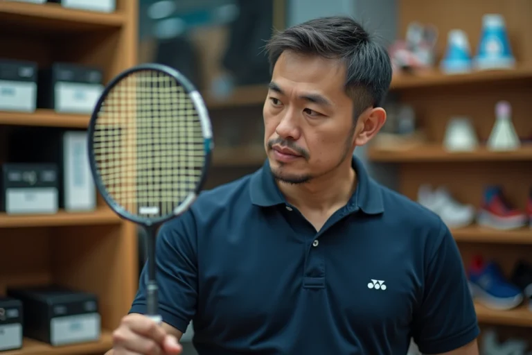 Homme examinant attentivement une raquette de badminton Yonex pour vérifier son authenticité dans un magasin de sport