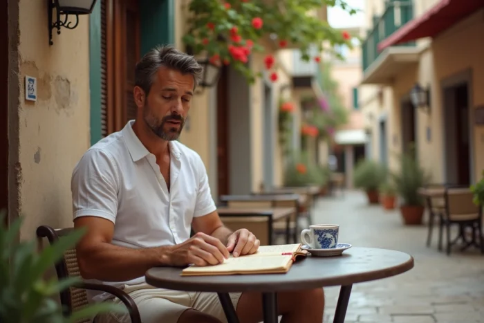 Voyageur solo consultant un menu dans une taverne authentique de la vieille ville de Zakynthos
